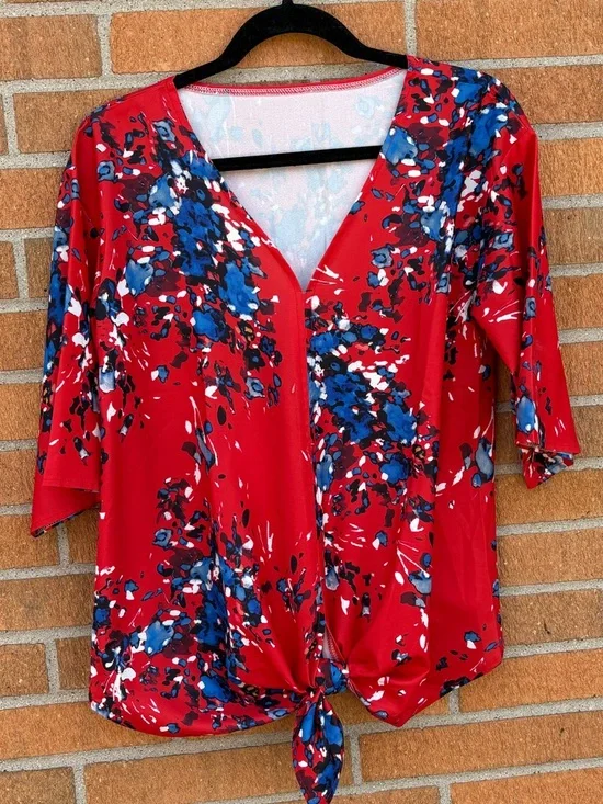 Red Floral Tie-Front Women's Blouse - Picture 2 of 4